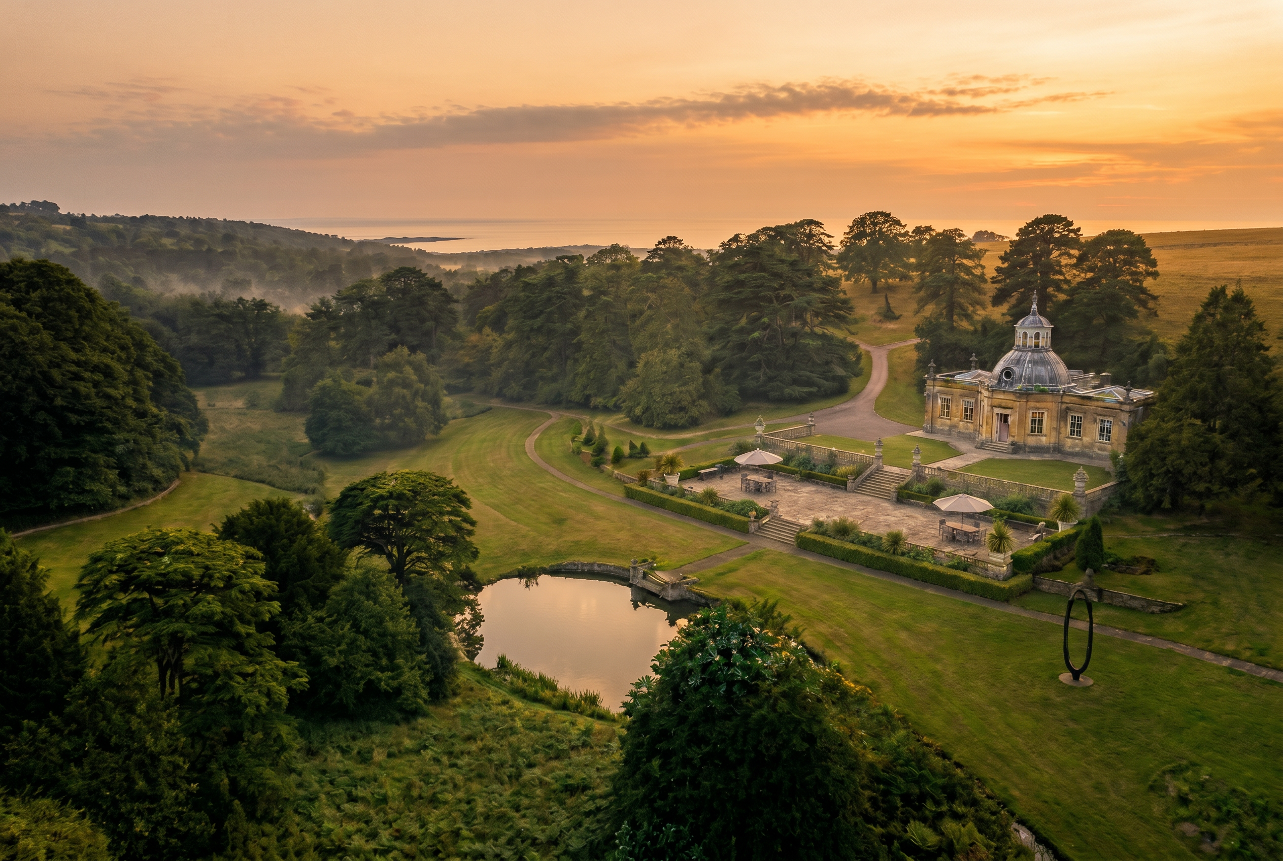 Aerial view of Mamhead Park South at dawn — Capability Brown lake and estate house.