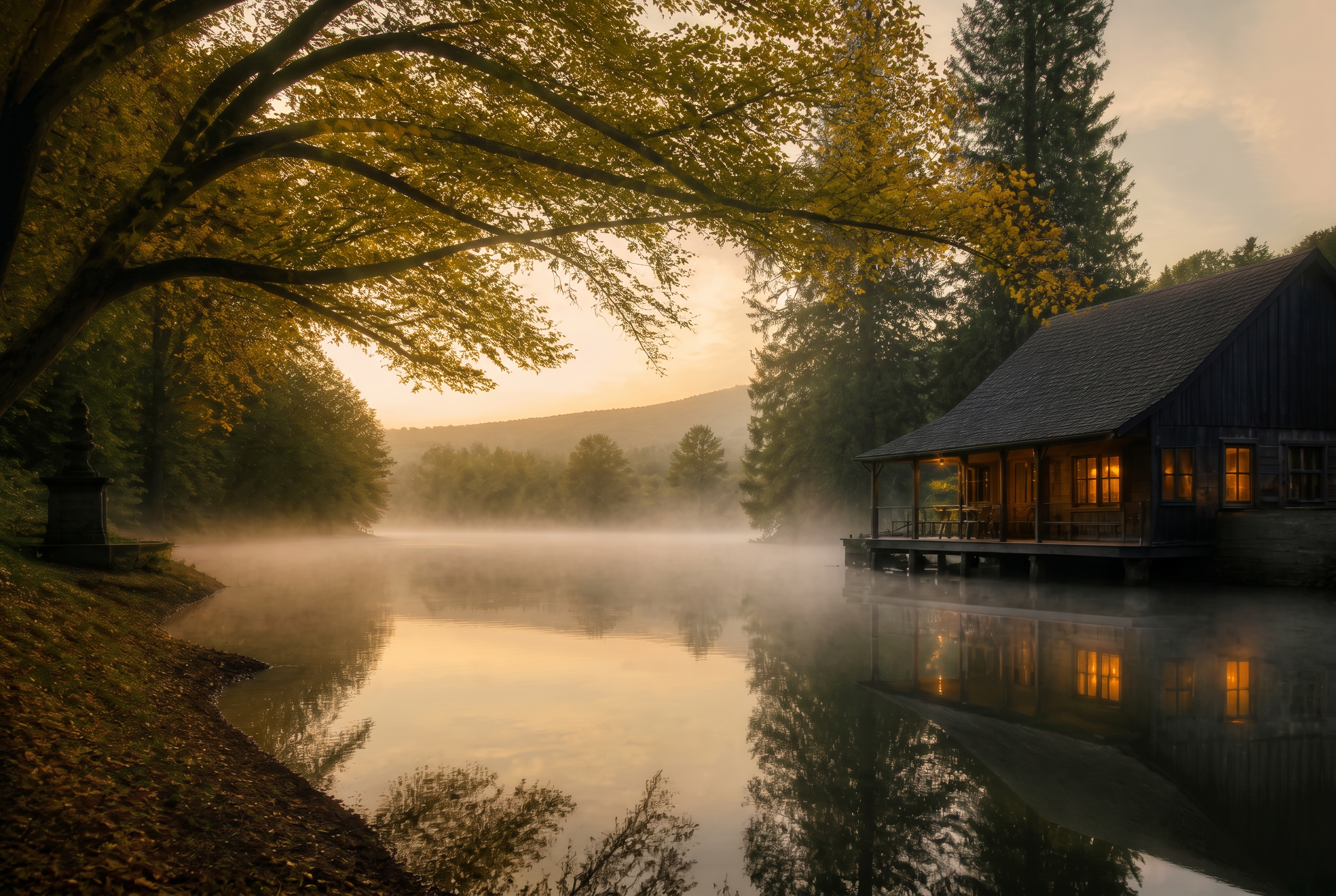 The Lakehouse at dawn, seen from across the Capability Brown lake.